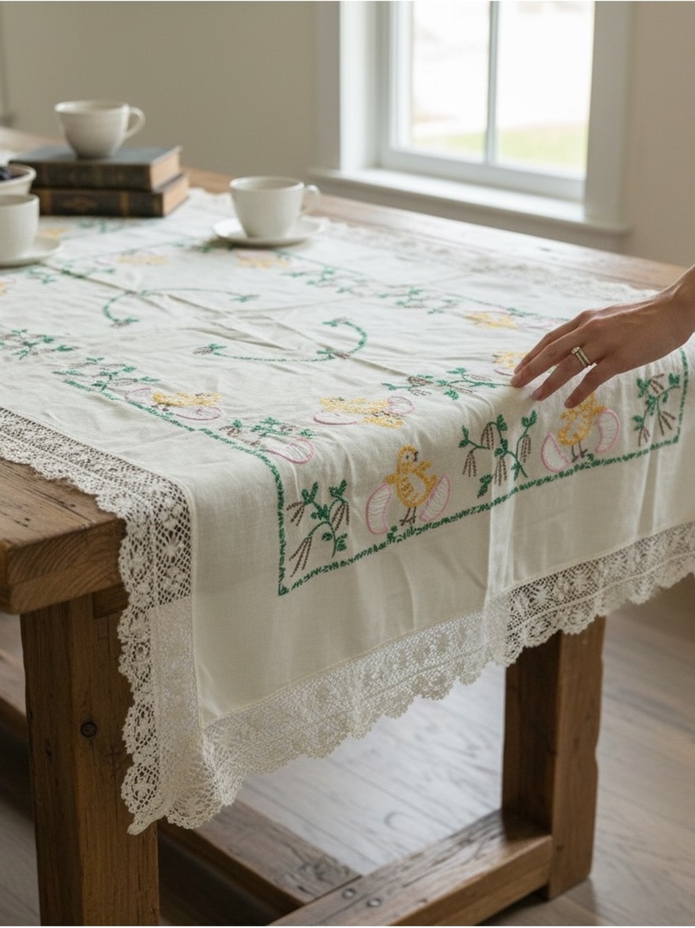 Vintage tablecloth hand-embroidered chicks flower motifs on white linen 42X 52”